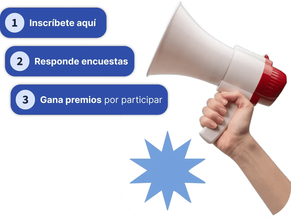 Megafono con 3 pasos para participar de las encuestas de buk